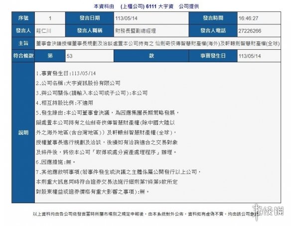 大宇资讯发布公告 或将出售《仙剑》和《轩辕剑》IP-绿好游