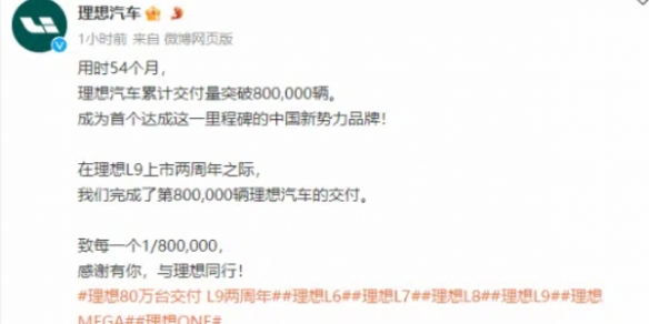 中国新势力第一！理想汽车54个月累计交付超80万辆-绿好游