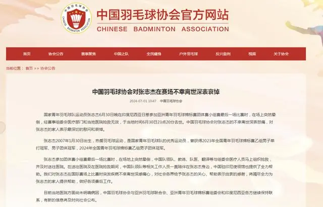 17岁羽毛球小将张志杰比赛中晕倒去世 目前原因不明-绿好游